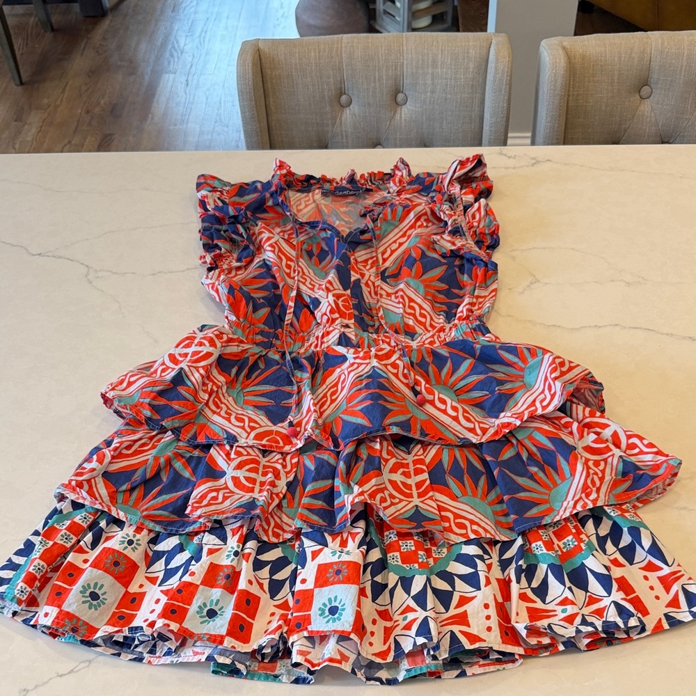 Ro’s Garden Bimba Floral Print Split Tie Neck Flutter Sleeve Tiered Mini Dress